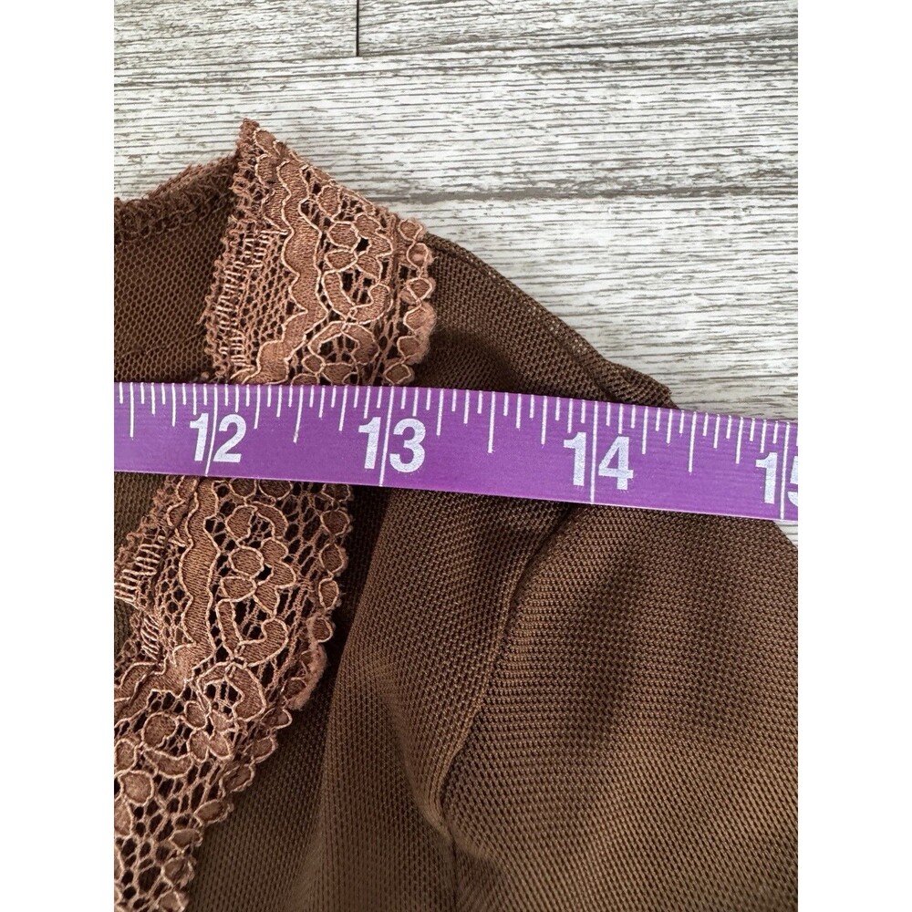 Y2K Brown Sheer Mesh Lace Trim Cropped Button Front Long Sleeve Top M Coquette - Picture 11 of 14